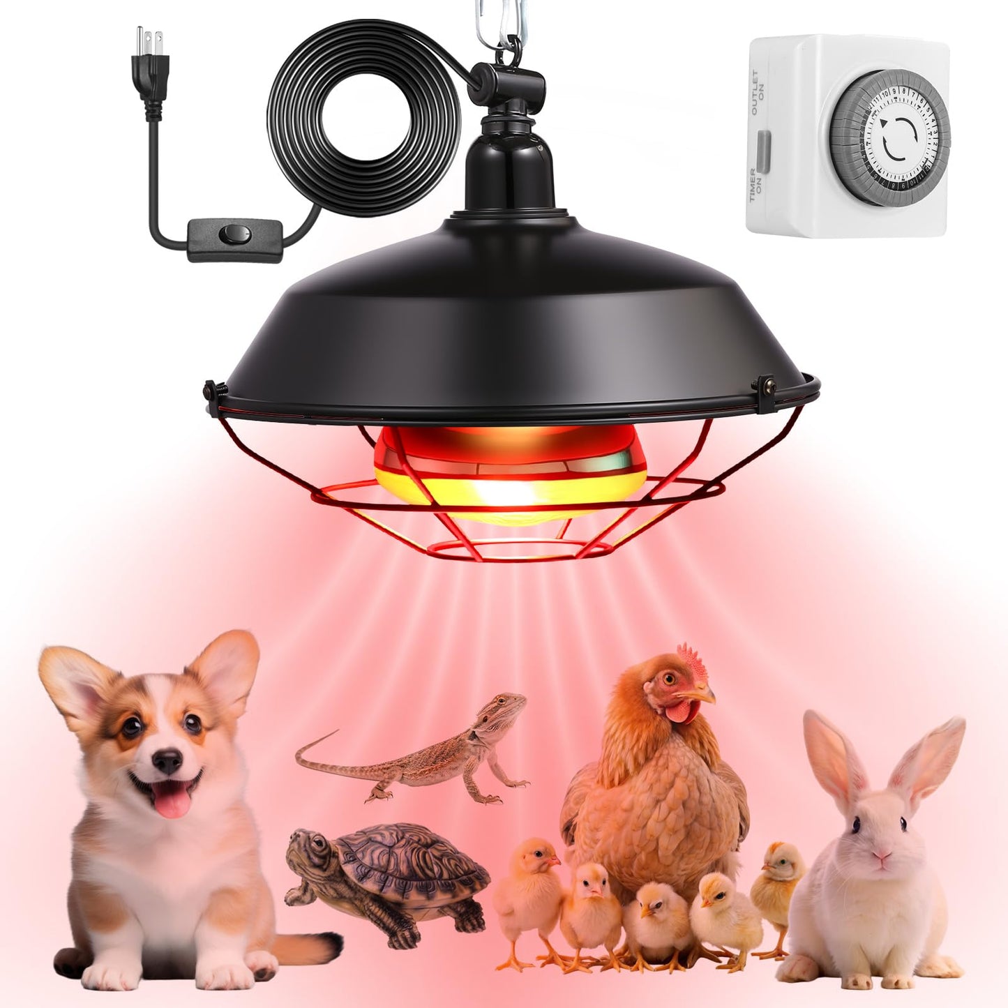 Yinsun Chicken Coop Heater, 150w Heat Lamp with 24-Hour Indoor Basic Timer, Daily On/Off Cycle - 30 Minute Interval, Adjustable Height Heater for Outdoor Chicken Reptile Rabbits Dog Cats