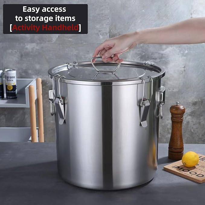 304 stainless steel food storage containers with lids lock clips airtight container large airtight for rice flour sugar grain coffee bean storage containers Kitchen jar (8.72gal/33L)