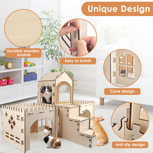 Bissap Wooden Rabbit Hideout Castle, Extra Large Bunny Houses and Hideouts Indoor Outdoor Rabbit Hidey Habitat for Bunnies Chinchillas Hamsters Guinea Pigs Detachable Small Animal Play Hideaway Hut