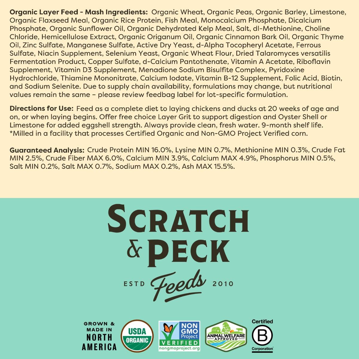 Scratch and Peck Whole Grain Layer Mash Chicken and Duck Feed - 10 lbs Bag - Corn-Free and Soy-Free - 16% Protein, Certified Organic and Non-GMO Project Verified Chicken Food