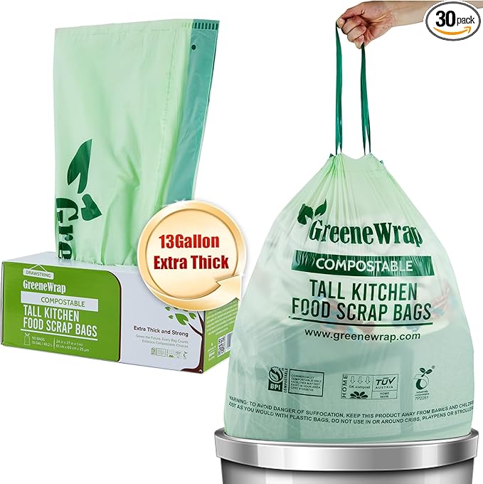 13 Gallon Compostable Trash Bags Liner with Drawstring, Heavy Duty Extra Thick 1 Mil, 49.21 Liter, 30 Bags, Tall Kitchen Food Scrap Waste Bag, BPI and OK Compost Home Certified, ASTM D6400