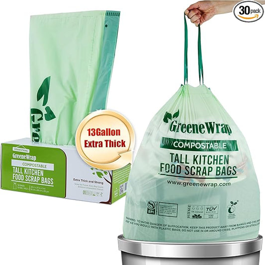 13 Gallon Compostable Trash Bags Liner with Drawstring, Heavy Duty Extra Thick 1 Mil, 49.21 Liter, 30 Bags, Tall Kitchen Food Scrap Waste Bag, BPI and OK Compost Home Certified, ASTM D6400