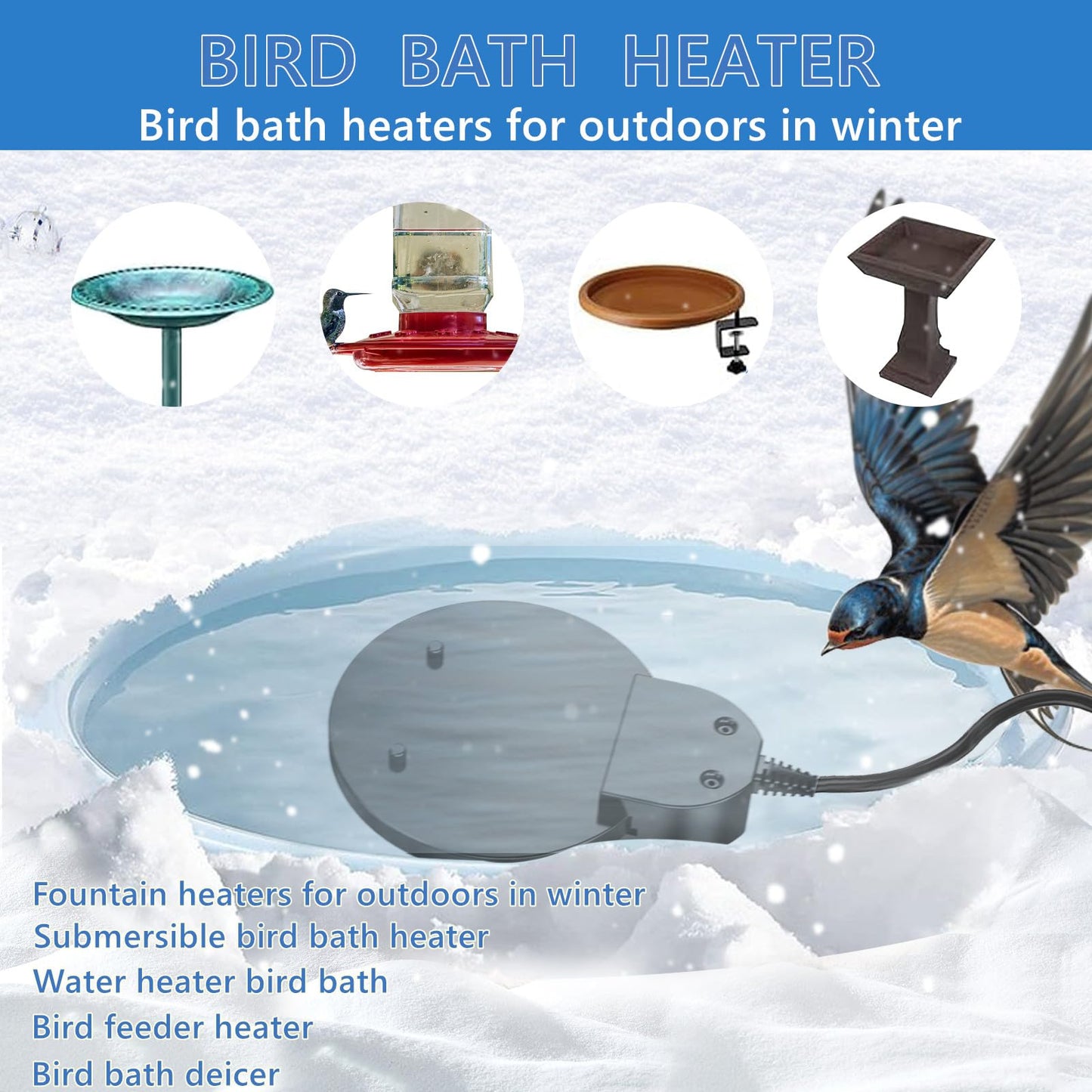 KNEOYR 500W De-icer Submersible Bird Bath Heater - Ideal for Livestock, Poultry, Horses, Cows, Birds, Chicken Waterers - Winter Use - Aluminum Cast for Efficiency