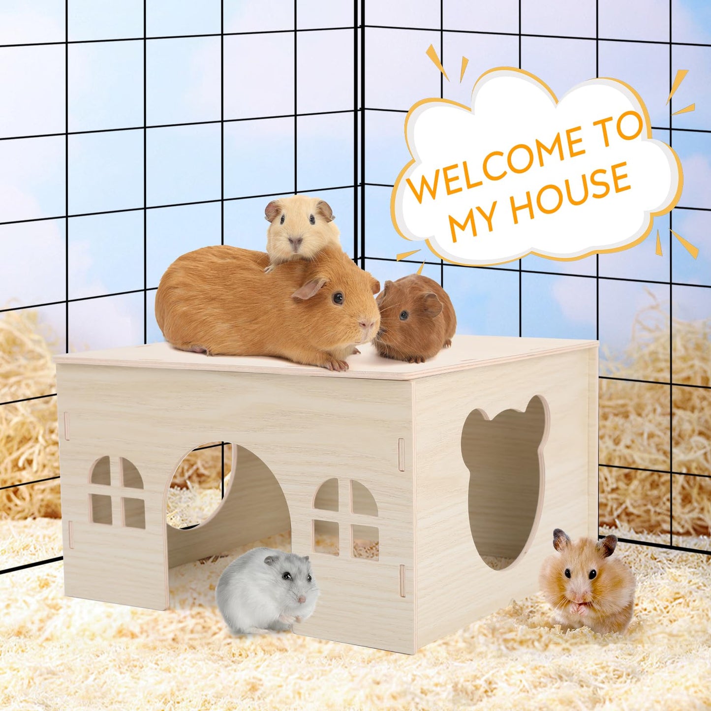 Guinea Pig Hideout Wooden House, Hamster House, Chinchilla Castle and Guinea Pig Hut with Windows, Small Animal Houses and Habitats for Hedgehogs, Rats, Ferret, Gerbils