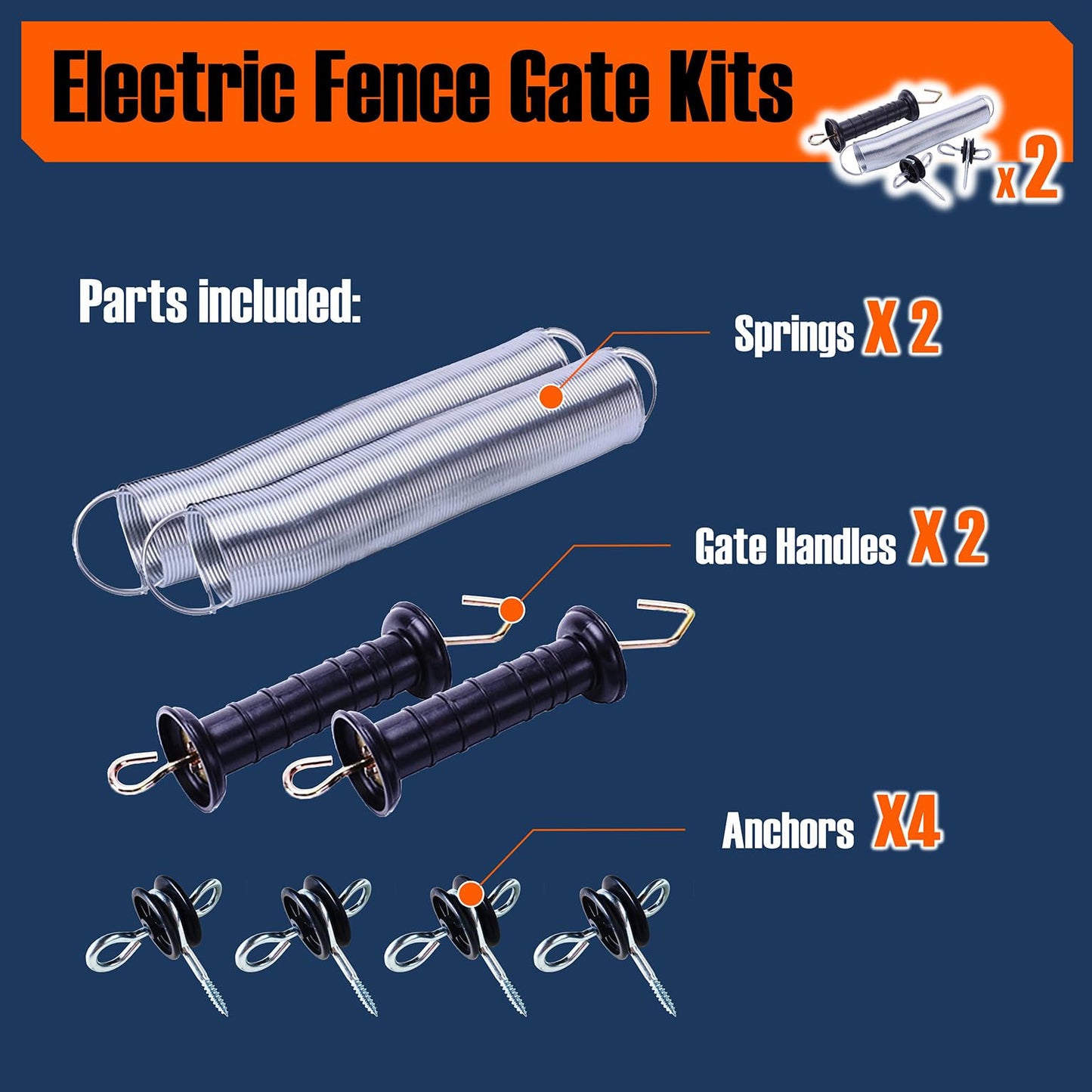 QMARK Electric Fence Gate Kit, Electric Fence Handle Set, Spring Gate Handle Set with 2 Tension Springs, 4 Corner Ends 2 Black Handles