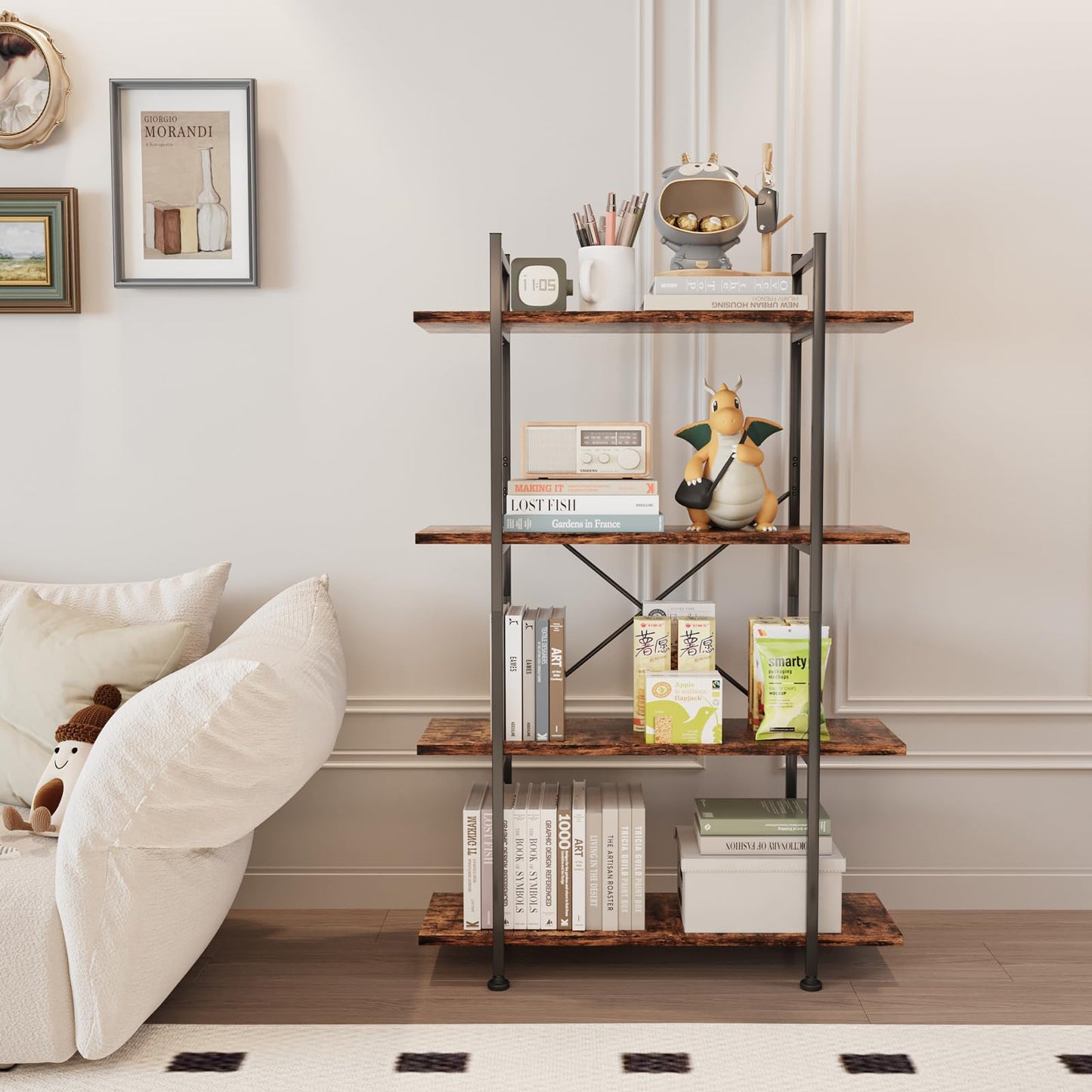 Azheruol 4 Tiers Bookshelf Rustic Brown Wooden Storage Shelf, Industrial Shelf Book Organizer,Modern Open Display Storage Bookcase,Metal Bookshelf Standing Tall Shelving Units for Home Office Study.