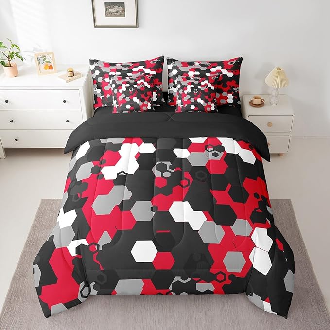 jejeloiu Red Honeycomb 7 Pieces Bedding Set King Size Modern Hexagon Theme Comforter Set with Sheets for Kids Boys Decor Camouflage Camo Geometric Abstract Bed in a Bag Soft Bedroom Decor