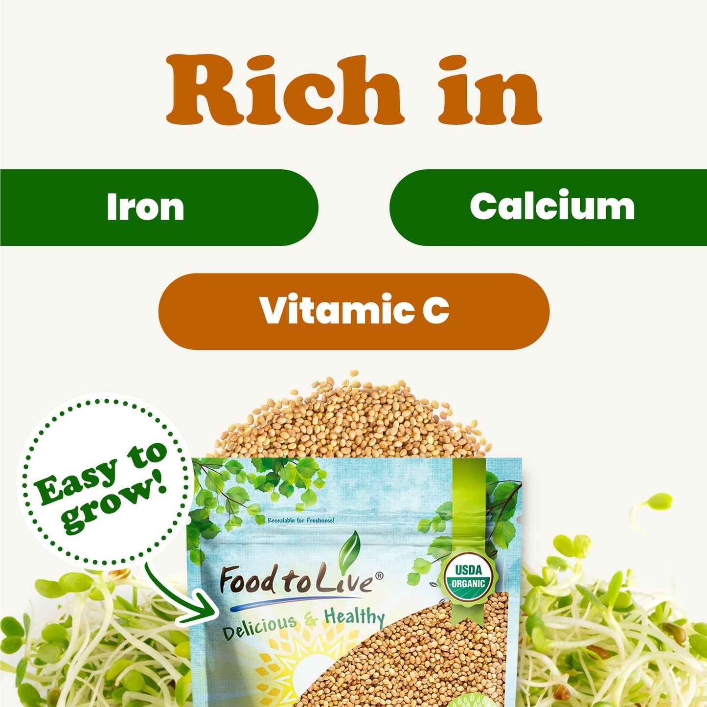 Food to Live Organic Clover Seeds for Sprouting, 10 Pounds Non-GMO, Pure, Vegan, Kosher, Bulk, Edible Seeds, Rich in Vitamins, Minerals, Fiber for Growing Sprouts, Microgreens High Germitation Rate