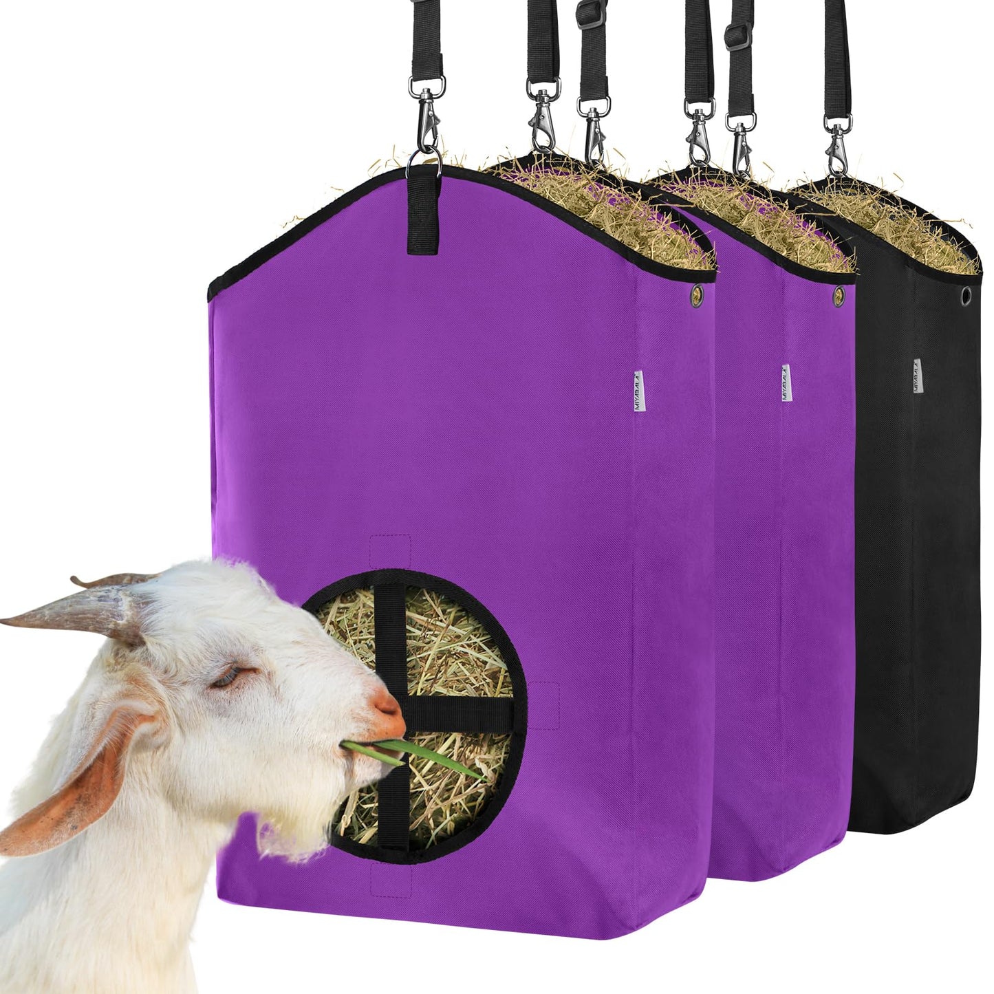 MIYABALA 3 Packs Goat Hay Feeder,Hay Bags for Goats,Horses,Sheep,Premium 600D Oxford Cloth,with Metal Fastener and Adjustable Open Feed Hole for Slow Feeding. (2Purple + 1Black)