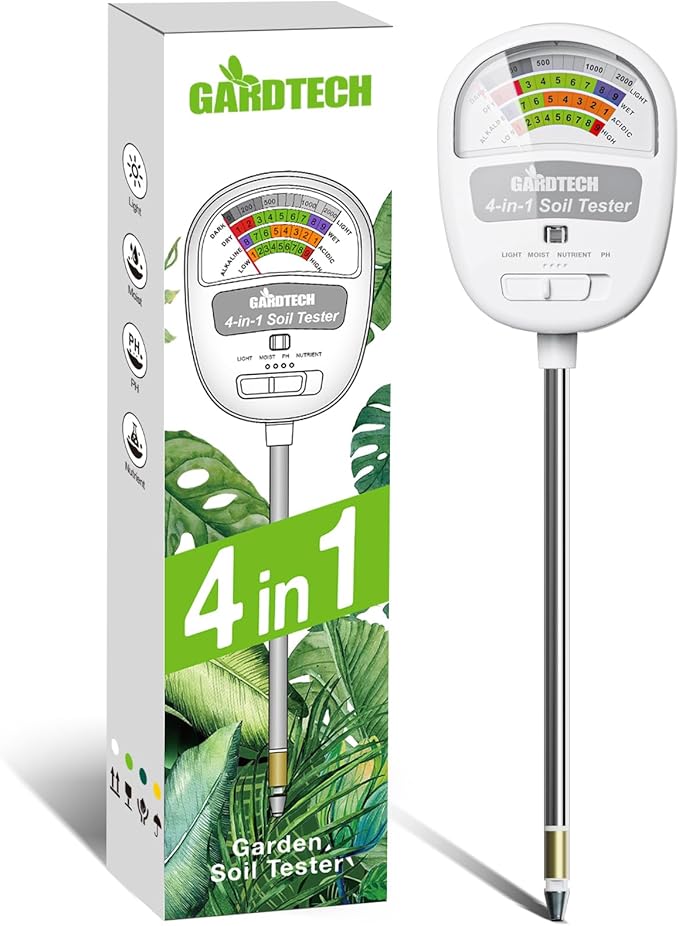 Gardtech Soil Moisture Meter - 4-in-1 Soil Test Kit Without Battery, Soil Moisture/Light/Nutrients/pH Meter for Plant, Garden, Lawn, Indoor & Outdoor (White)