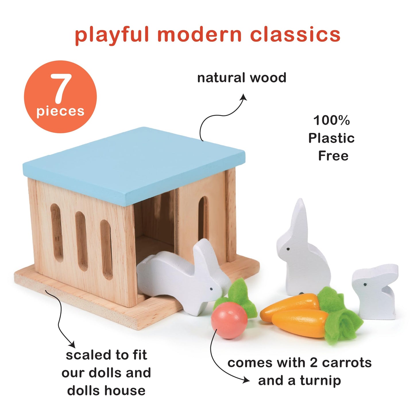 Mentari Toys - Rabbit Hutch Pet Set - 7pc Wooden Bunny Family with House and Play Food - Dollhouse Accessory - Perfectly Sized for Dollhouses - Encourages Imaginative Play and Animal Care - Age 3+