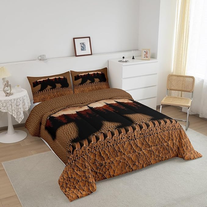 Bear Queen Comforter Set Brown Patchwork Cowhide Quilt Bedding Sets Hunting Woodland Animal Bedding Comforters For Boys Men,Wildlife Antler Duvet Insert 2 Pillow Cases Rustic Farmhouse Room Decor