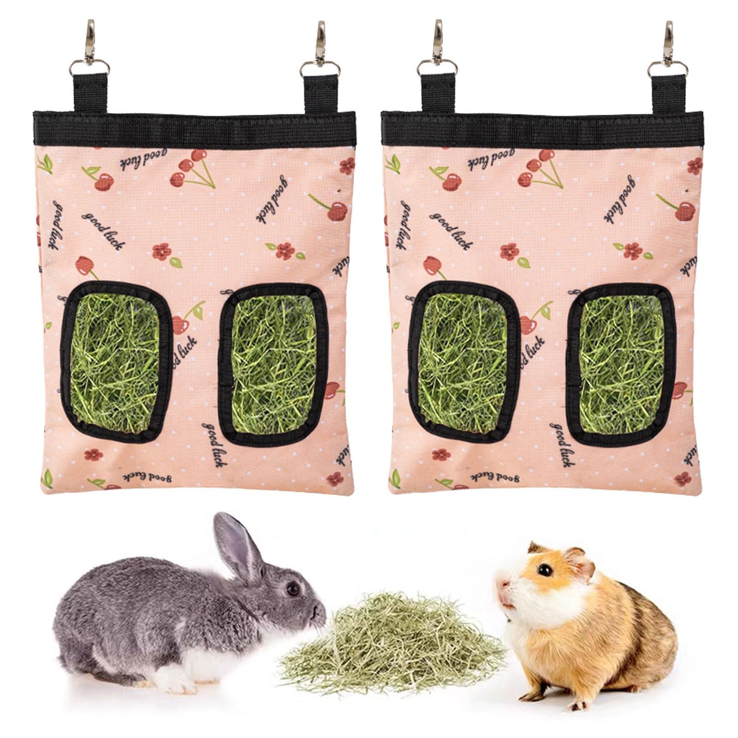 Rabbit Hay Feeder Bag, Large Capacity Rabbit Hay Bag Small Animal Hanging Hay Bag 600D Oxford Cloth Bunny Hay Feeder Bag for Rabbits Guinea Pigs Chinchillas (Pink-2 Holes-2Pcs)