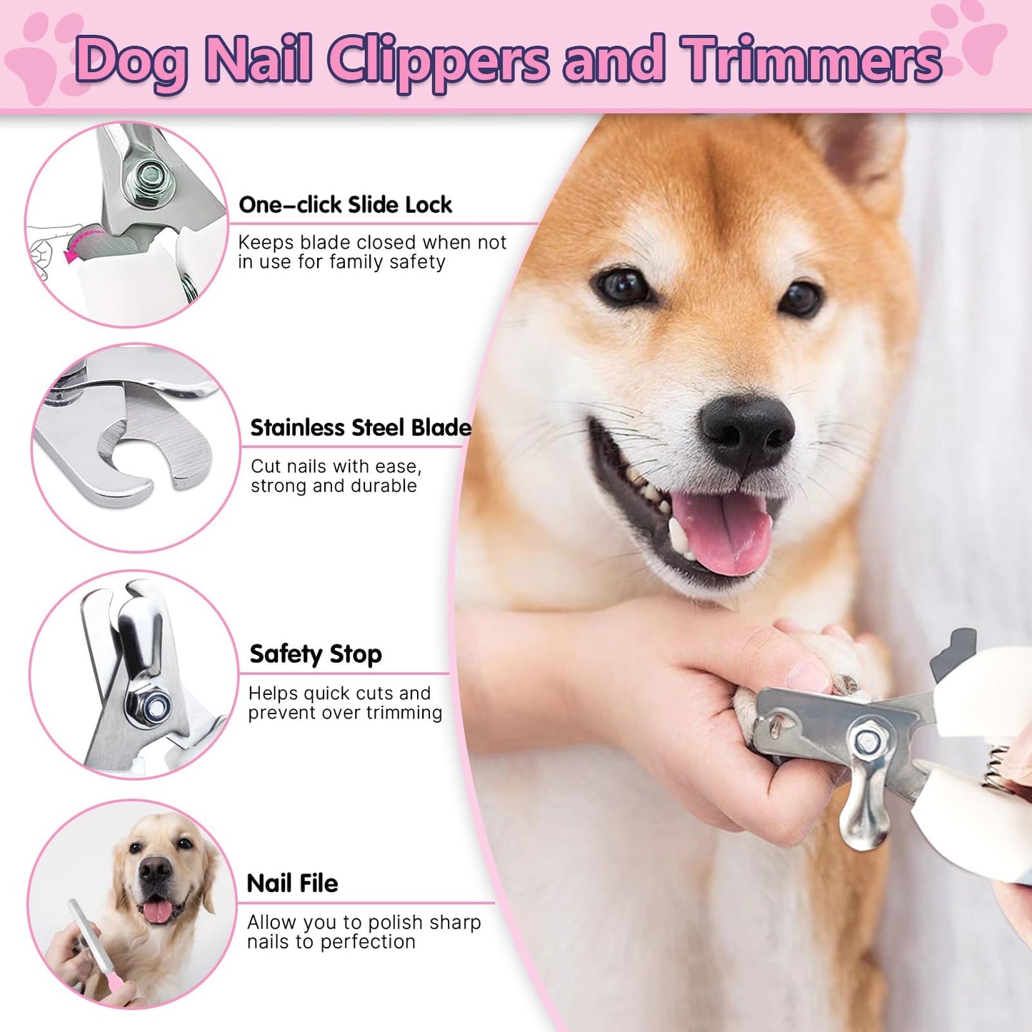 Lanswood Dog Brush Dog Grooming Kit 6PCS Dog Brush for Shedding-Dog Brushes for Grooming, Dematting Comb for Dogs, Cat & Dog Nail Clipper with Nail File, Flea Comb, Dog Bath Brush-Pink