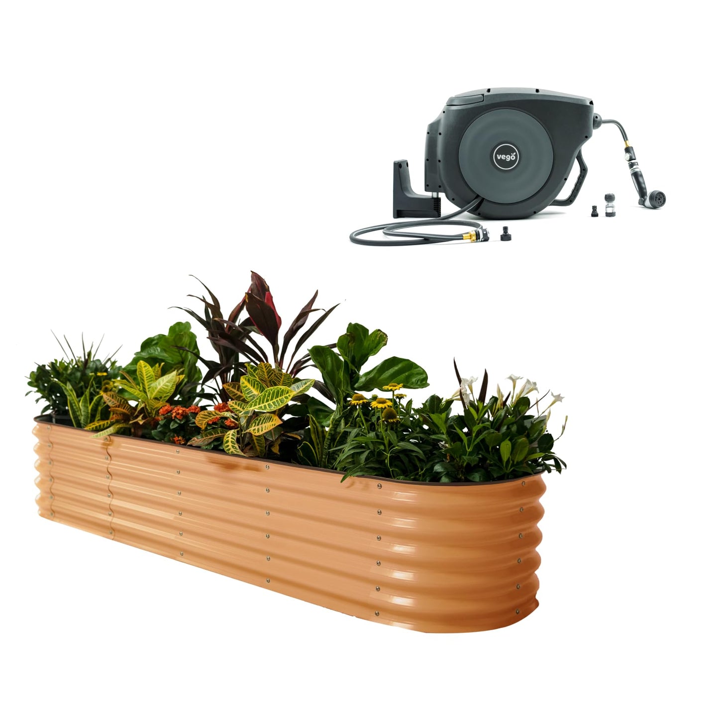 17" 9 in 1 Garden Bed & 130ft Retractable Hose Reel Kit