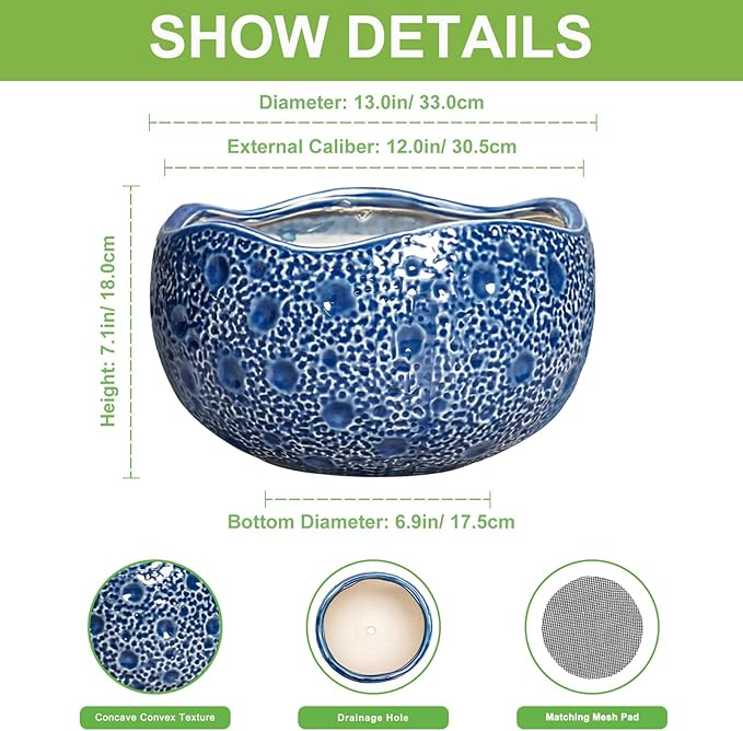 Bonsai Tree Pot - 13 Inch Large Ceramic Pots for Plants Indoor Outdoor, Round Planter, Decorative Flower Pot with Drainage Hole, Modern Unique Planter, Garden Decor Home, Garden Gifts, Blue