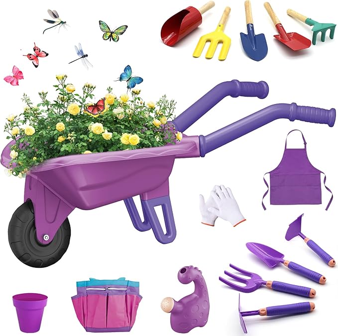 15 PCS Kids Gardening Tool Set for Girls Boys, Toddler Gardening Tools Set with Wheelbarrow, Flower Pot, Storage Bag, Rake, Fork, Shovel, Apron, Outdoor Garden Tool Play Set for Kids