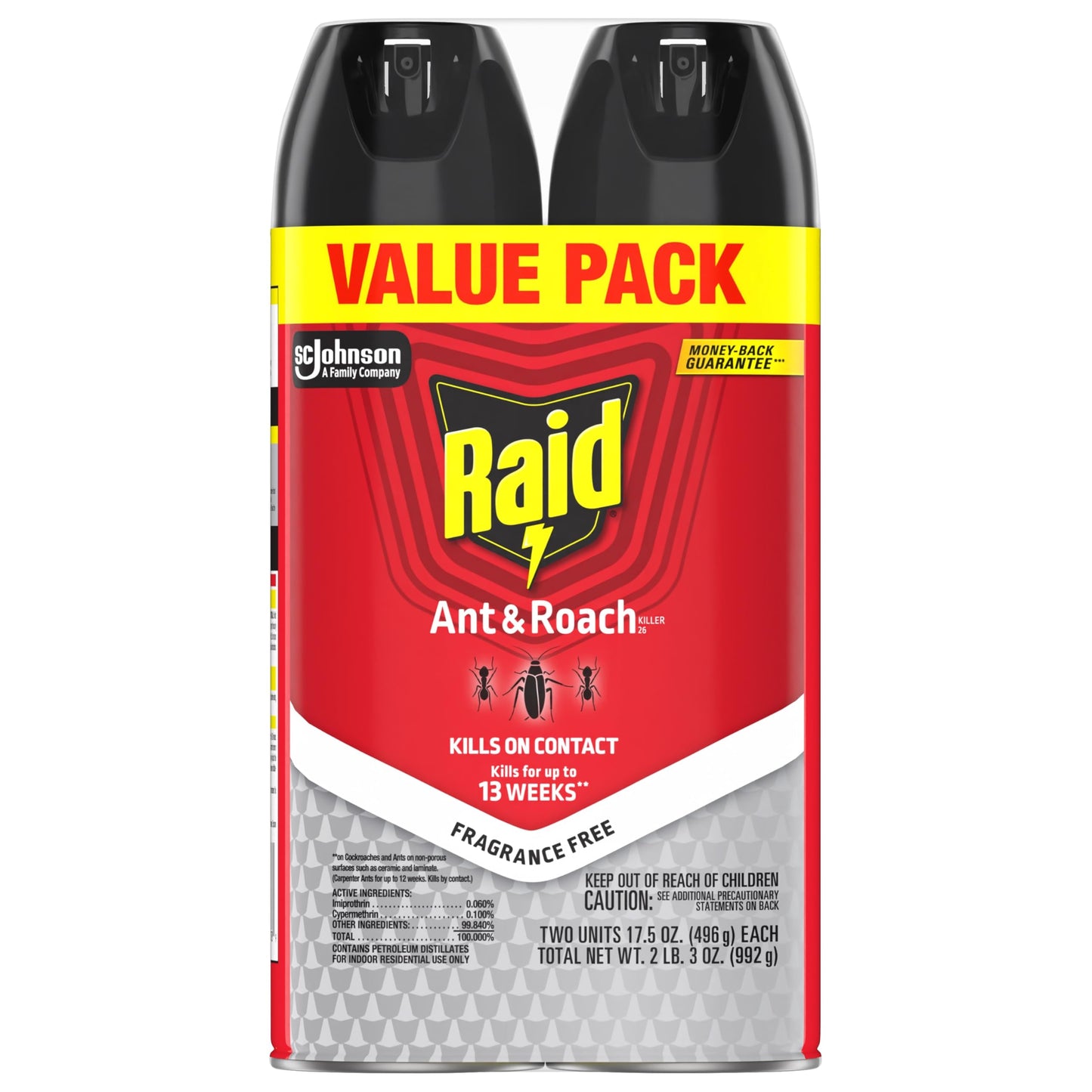 Raid Ant & Roach Killer 26, Fragrance Free Bug Killer for Home Use, Kills Bugs on Contact, 17.5 Oz, 2 Count