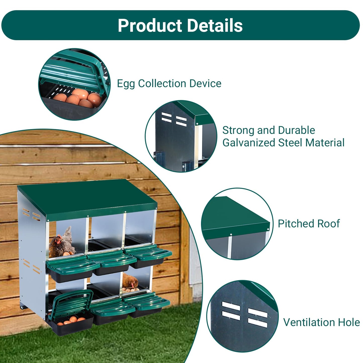 CuisinSmart Nesting Boxes for Chickens, 6-Holes Chicken Nesting Boxes, Chicken Laying Box with Lid Cover, Roll Away Nest Box for Chicken Coop to Protect Eggs, Green