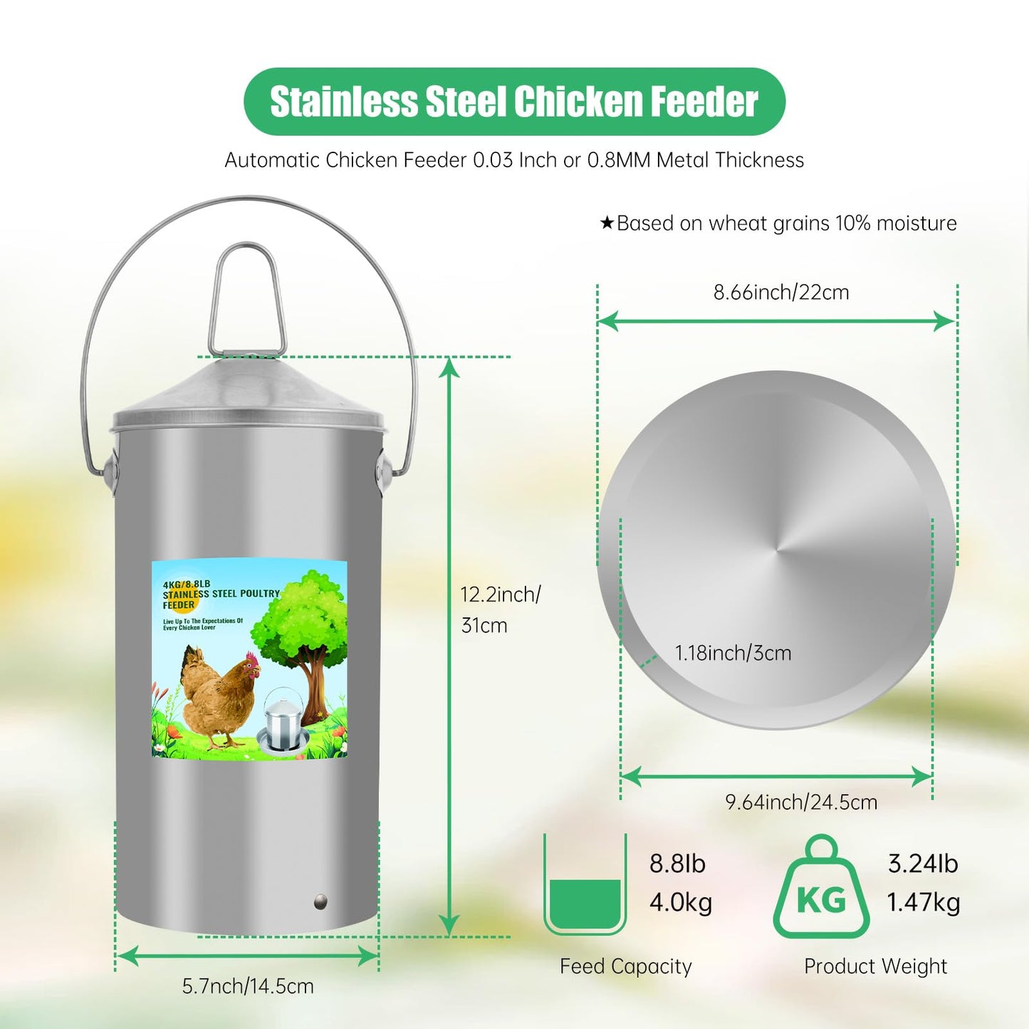 Automatic Chicken Feeder 4KG/8.8lbs, Heavy Duty Stainless Steel Reliable Long-Lasting Poultry Feeder with Handle, High Strength Structure 0.035 Inch/0.9mm Metal Thickness