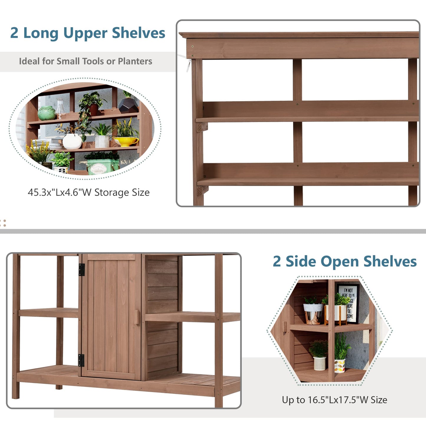Merax 66" Large Outdoor Farmhouse Wooden Potting Bench Table, Garden Workstation with 2 Drawers, Cabinet, and Open Shelves for Backyard, Mudroom, Brown