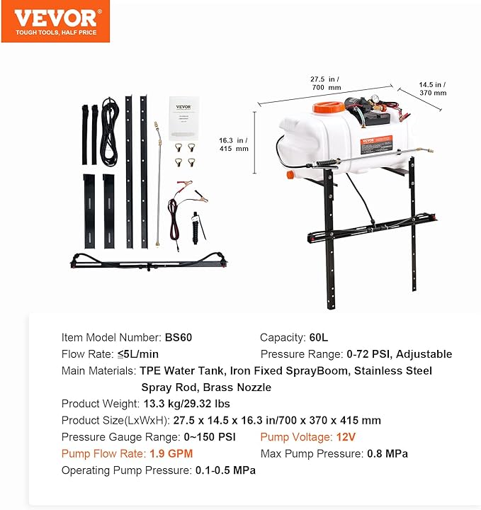 VEVOR ATV Spot Sprayer, 15.9 Gal/60L ATV/UTV Broadcast Sprayer with A Nozzle Boom, 12 V Pump Sprayers with Water Tank, 1.9 GPM Flow Rate, Adjustable 0-72 PSI, 20FT Hose, Weed Sprayers for Garden, Farm