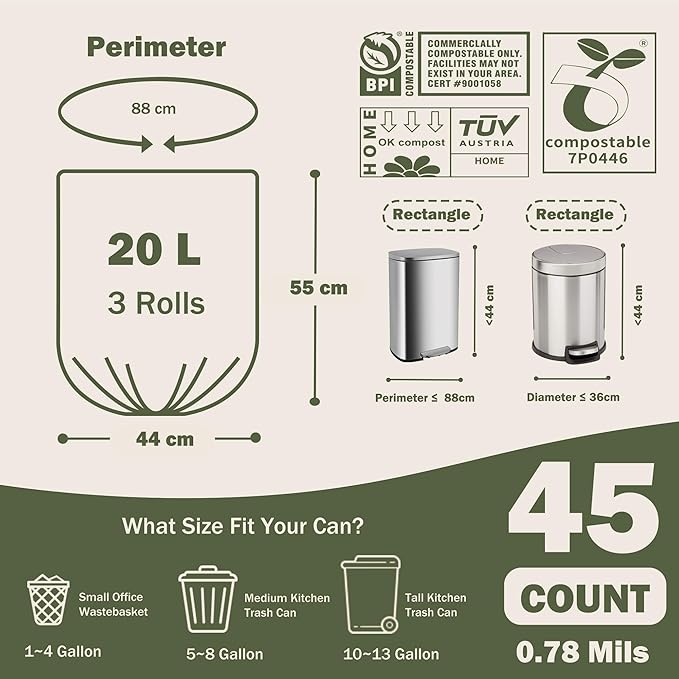 Compostable Portable Toilet Bags, 5 Gallon 20Liter Extra Thick 0.87 Mils Compost Black Garbage Bags for Toilet Chair with US BPI ASTM D6400 and Europe OK Compost Home Certified 45 Counts