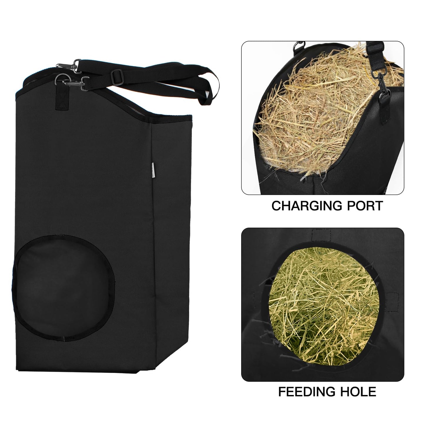 MIYABALA 3 Packs Goat Hay Feeder,Hay Bags for Goats,Horses,Sheep,Premium 600D Oxford Cloth,with Metal Fastener and Adjustable Open Feed Hole for Slow Feeding. (3 Black)
