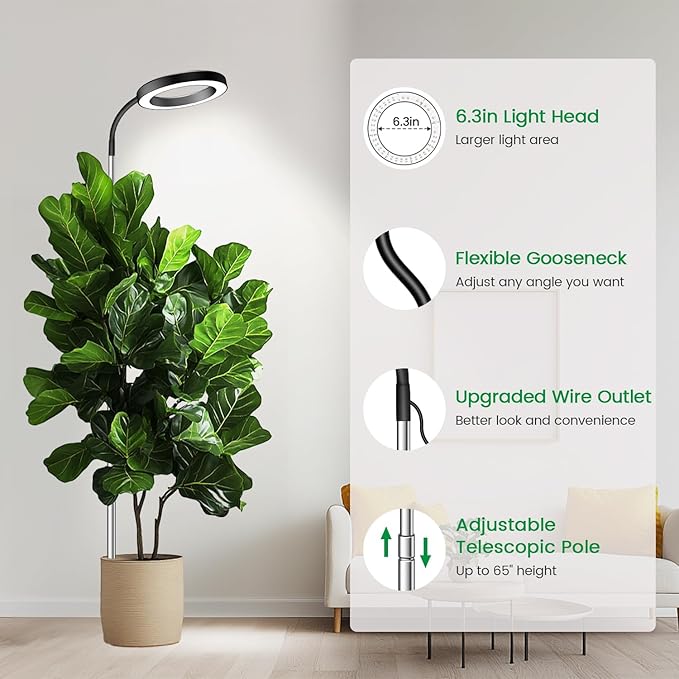 Garpsen Grow Light, Full Spectrum Plant Lights for Indoor Growing with Gooseneck (No Base), 3 Colors Modes and 5 Dimmable Levels, 6/12/16H Timer, 65'' Height Grow Lamp for Large Plants-[2Pack]