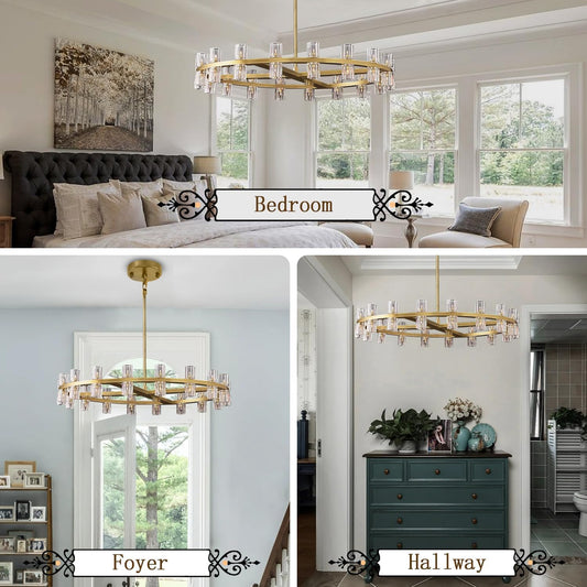 Dia 32" Gold Wagon Wheel Chandelier, 32-Lights Farmhouse Pendant Light Fixture, Round Rustic Hanging Lighting for Dining Room Kitchen Island Foyer Entryway