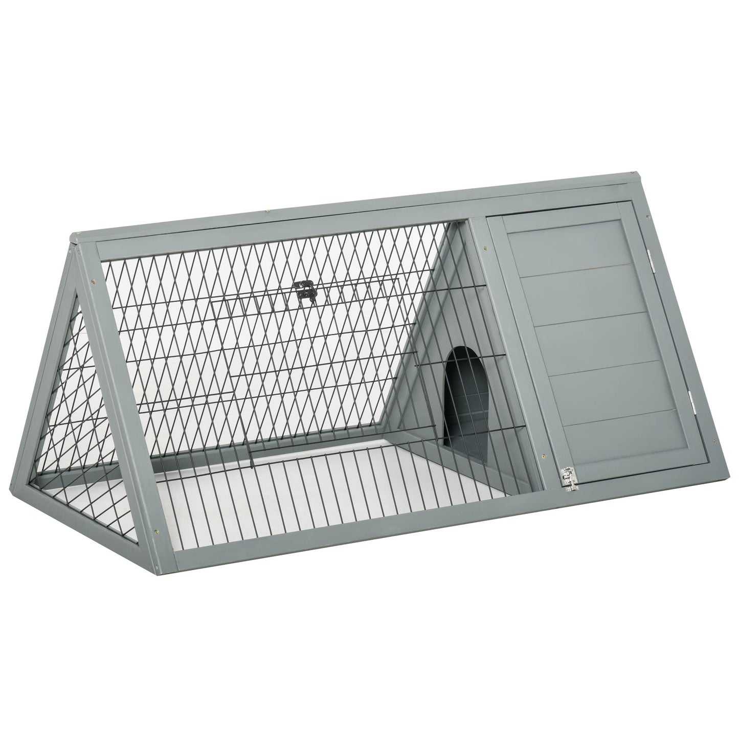 PawHut 46" x 24" Wooden A-Frame Outdoor Rabbit Hutch, Small Animal Cage, Bunny Hutch with Outside Run & Ventilating Wire, Gray