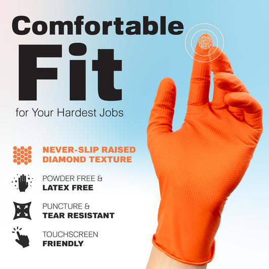 Raxwell Heavy Duty Disposable Orange Nitrile Gloves, X-Large, 8.5 Mil Thick, Raised Diamond Texture, Food Grade & Safe, Auto & Cleaning Nitril Gloves