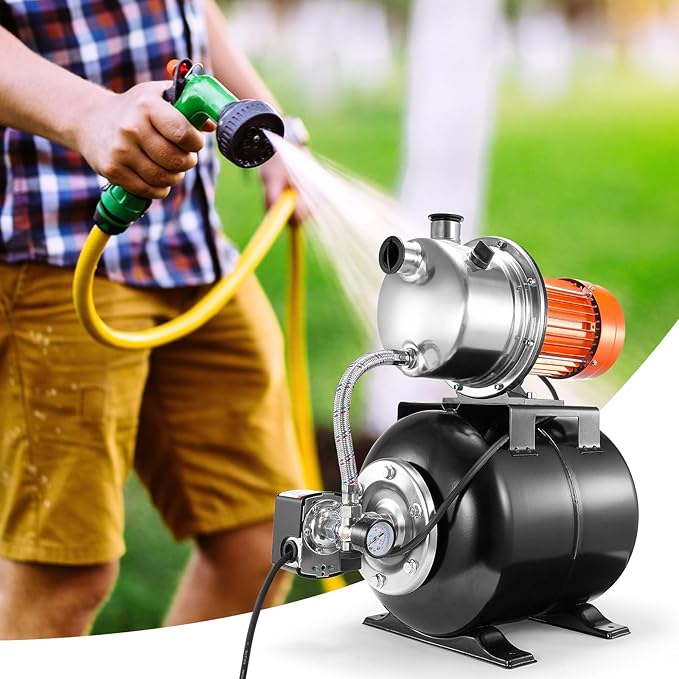 VEVOR 1 HP Shallow Well Pump with Pressure Tank, 1000 GPH, Automatic Irrigation Water Booster Pump with 130 ft Head Lift 20/40 PSI Pressure Switch, 304 Stainless Steel Pump Head for Home Garden Lawn