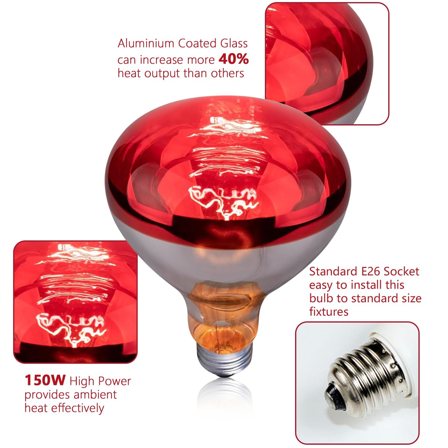 KOHEOPT 150W R40 Infrared Heat Lamp Bulb for Chicken Brooder, Pets, Reptiles, Bathroom & Sauna, E26 120V, 2000Hrs Red Light Therapy, 1-Pack