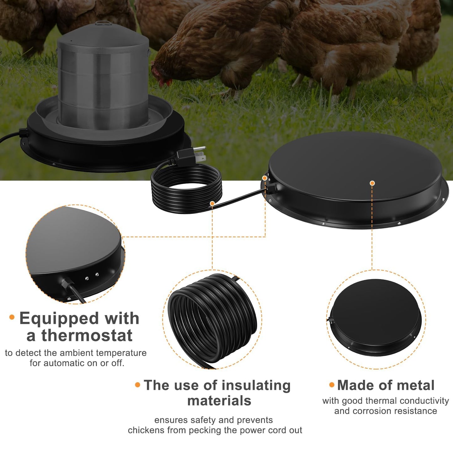 Chicken Water Heater for Winter, 11" Waterer Heated Base for 1-5 Gallon Metal Plastic Poultry Water, 110 Watt Heated Poultry Waterer with Thermostat for Chicken Duck Pigeon