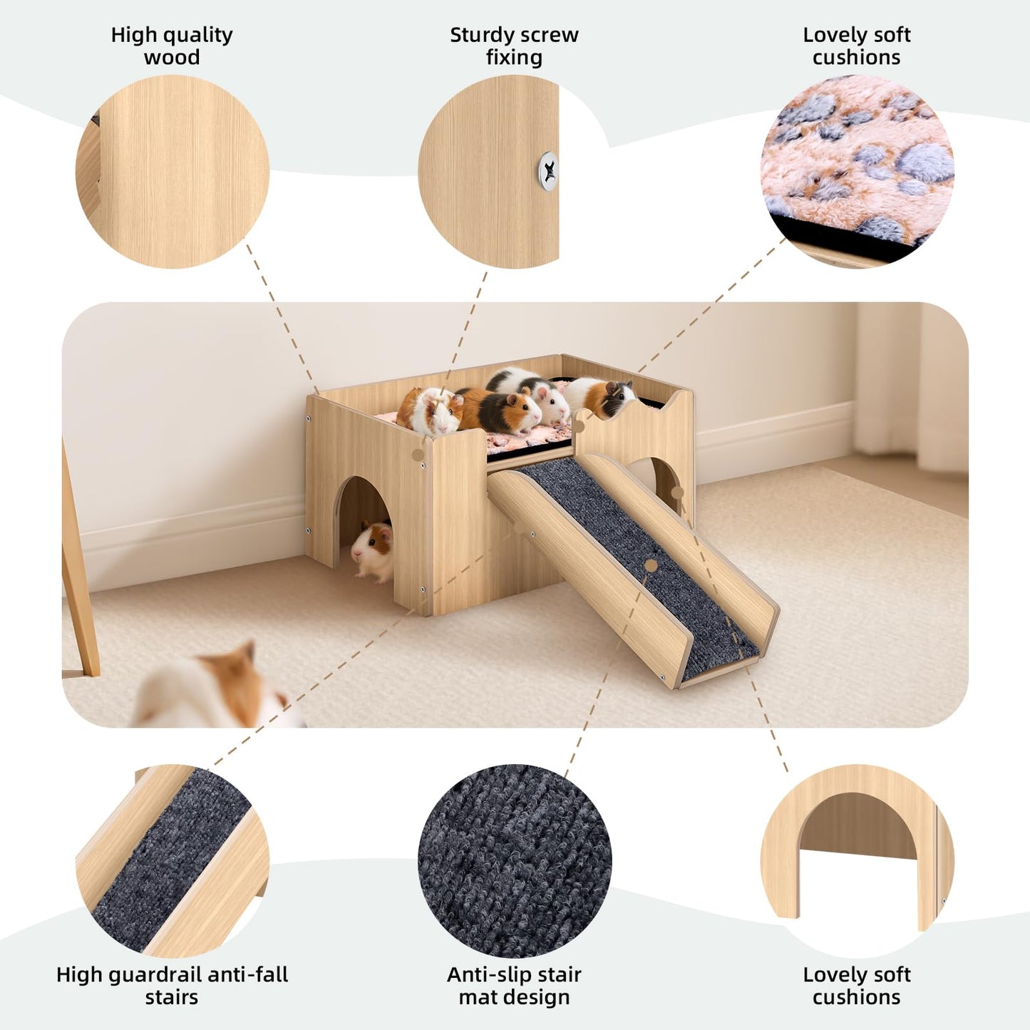 Large Guinea Pig Castle, Sturdy Wooden Small Animal Bed Platform, Upgraded Wooden Guinea Pig Castle with Anti-Slip Stairs, Easy to Assemble, Perfect for Hamsters and Rabbits to Play and Hide