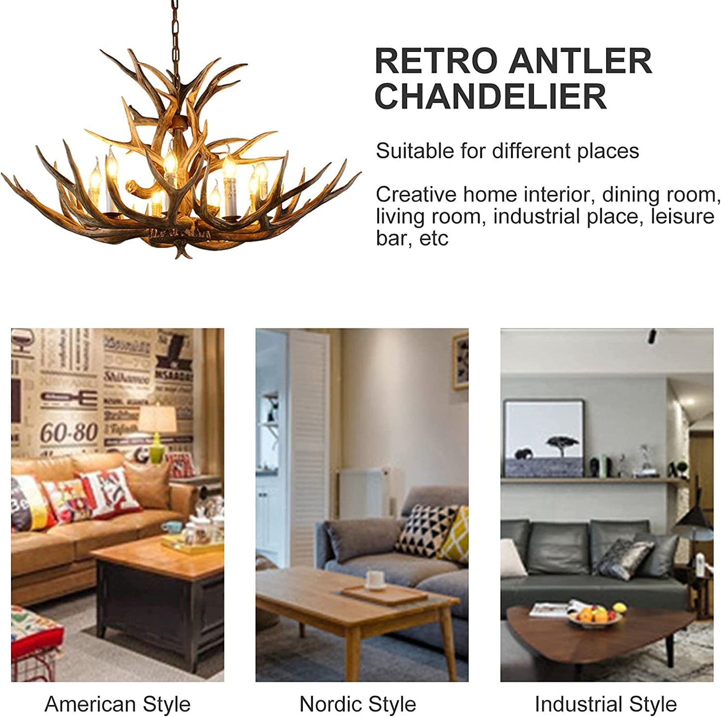 AUNLPB Antler Chandelier, Deer Horn Chandelier 8 Light, Double Layer Retro Farmhouse Antler Light Fixtures with E12 Base for Dining Room Kitchen, Cafe, Store 8-light double big