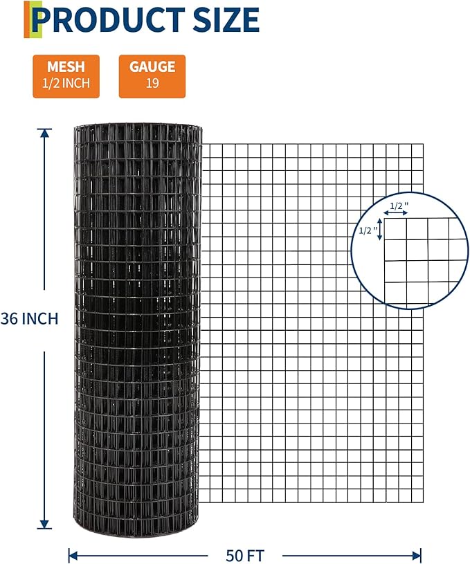 1/2 inch 36 inch x 50 FT Hardware Cloth, 19GA Chicken Wire Fencing,Galvanized Welded Wire Mesh Roll for Poultry Netting Cage, Chicken Coop, Black