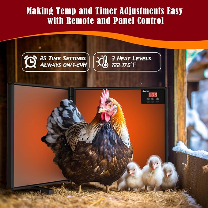 Chicken Coop Heater Inside Coop with Remote Control, 180W Foldable Radiant Heaters, 30''x12'' Large Heating Panel Warmer for Cozy Winter with Adjustable Timer and Temp, Safer Than Brooder Heat Lamp
