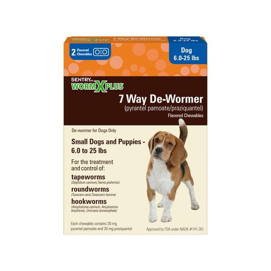 SENTRY HC Worm X Plus 7 Way De-Wormer (pyrantel pamoate/praziquantel), for Puppies and Small Dogs, 6-25 lbs, Chewable, 2 Count