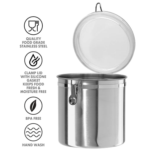Oggi Stainless Steel Kitchen Canister 152 fl oz - Airtight Clamp Lid, Clear See-Thru Top - Ideal for Kitchen Storage, Food Storage, Pantry Storage. Jumbo Size 8" x 8".
