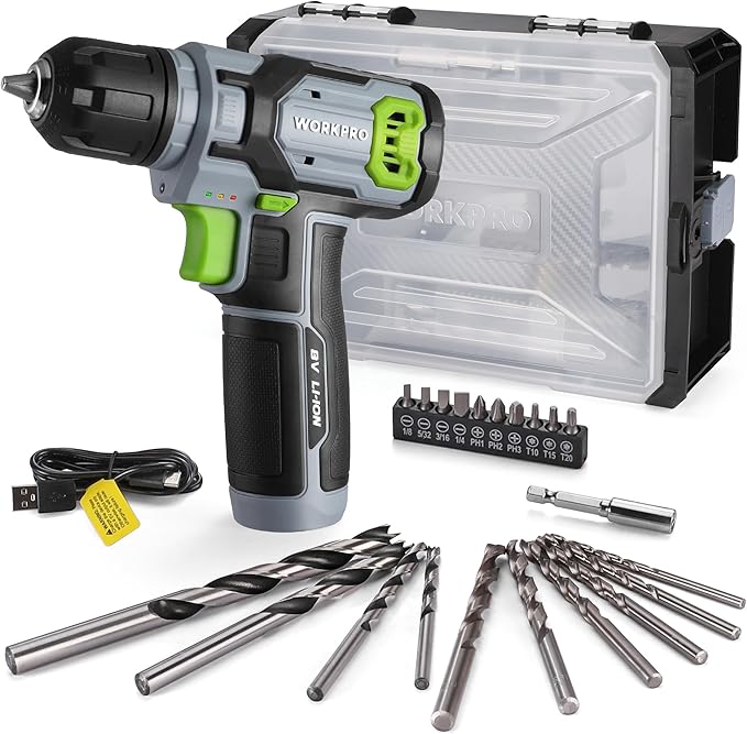 WORKPRO Power Drill Set with Stackable Tool Box, 8V Cordless Drill Driver and Bit Set, 2.0Ah Electric Cordless Screwdriver Kit with 3/8