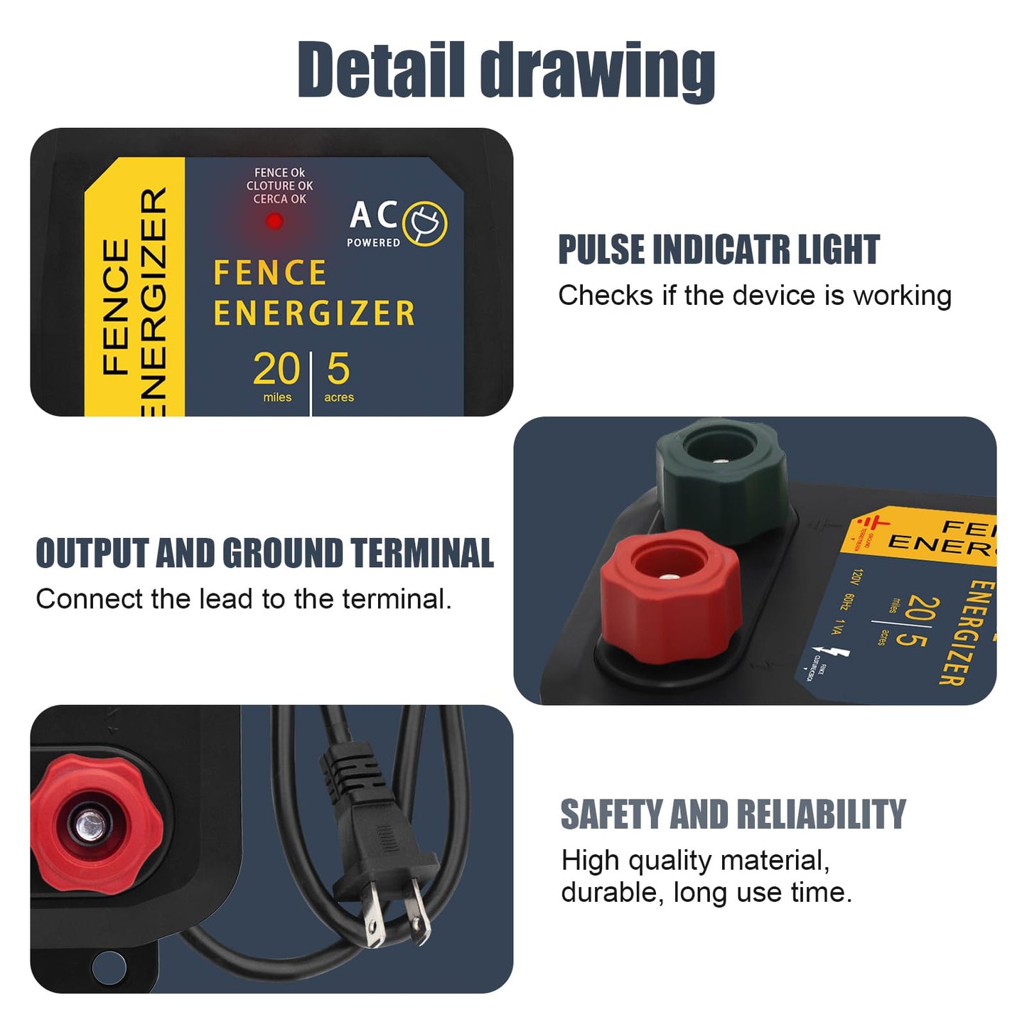 Electric Fence Energizer 5 Miles/ 20 Acres AC Powered 120 Volt, Plug-in Electric Fence Charger Output 0.2 Joule for Preventing Raccoons, Livestock, Squirrels, Chicken Coops, Skunks intruding
