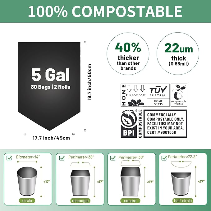 5 Gallon Trash Bags Compostable Portable Toilet Bags Compost Garbage Bag Extra Thick 0.86 Mil for Camping Travel Kitchen Bathroom BPI Certified 30 Counts, Black