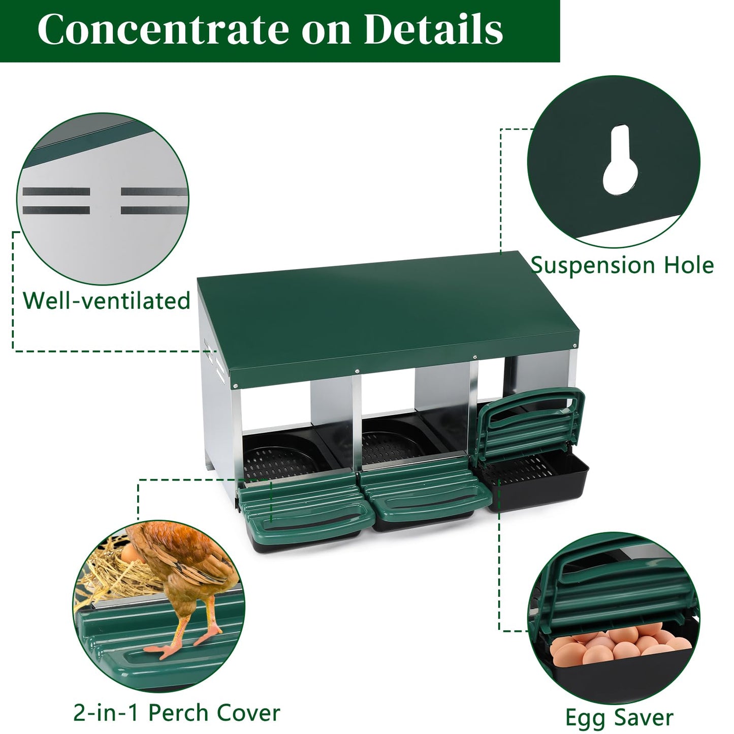 Outvita Chicken Nesting Box, 3 Compartments Chicken Laying Box, Hanging Nesting Box with Egg Saver, Perch Cover for Hen