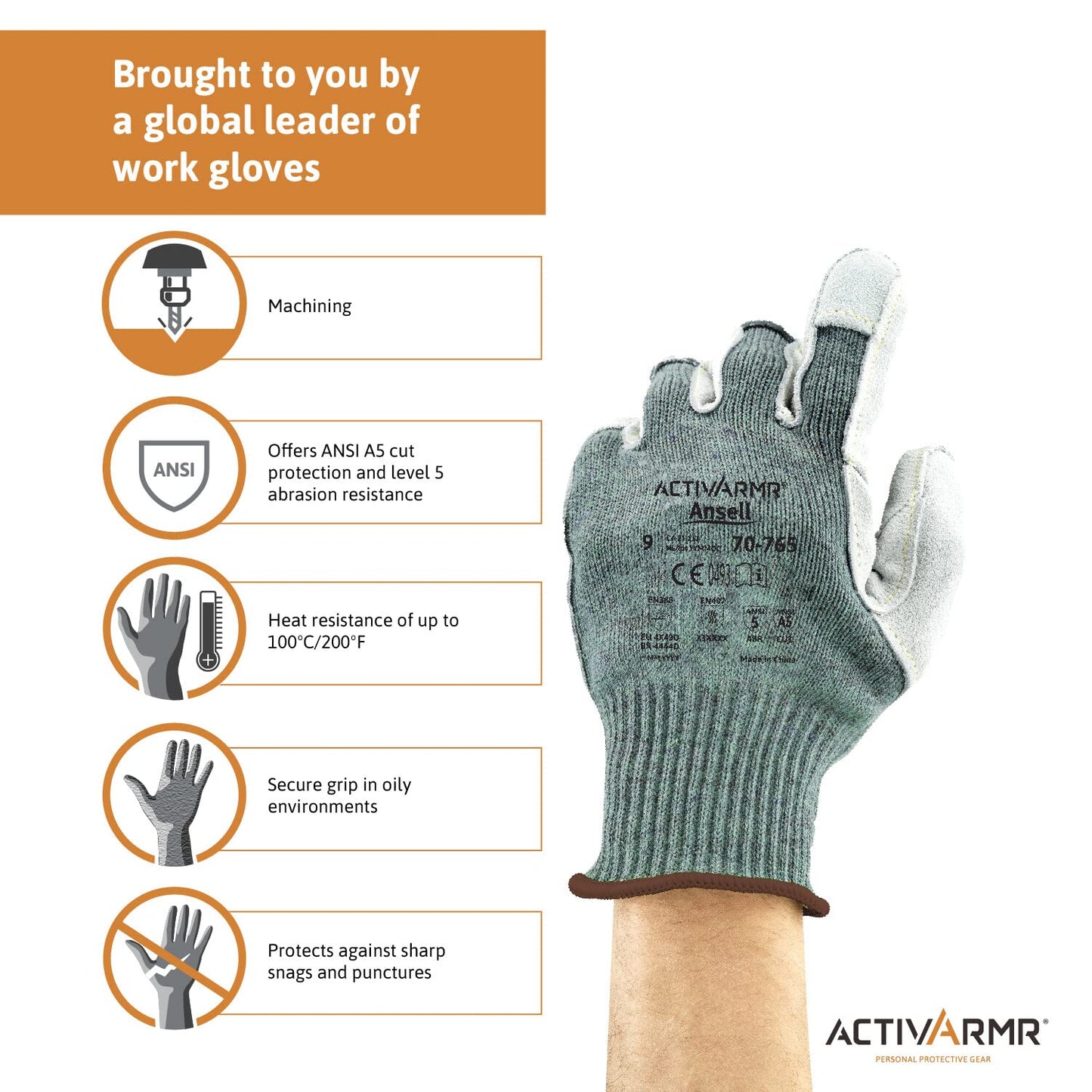 Ansell ActivArmr 70-765 Heat-Resistant Industrial Kevlar Gloves w/Leather Palm for Auto, Machinery, Fabrication - Size 8, Grey (36 Pairs)