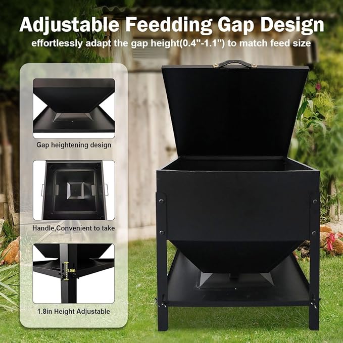 Metal Chicken Feeder No Waste, 60LBS Large Capacity Poultry Feeder, Adjustable Galvanized Steel Chicken Coop Feeder with Lid and Handle