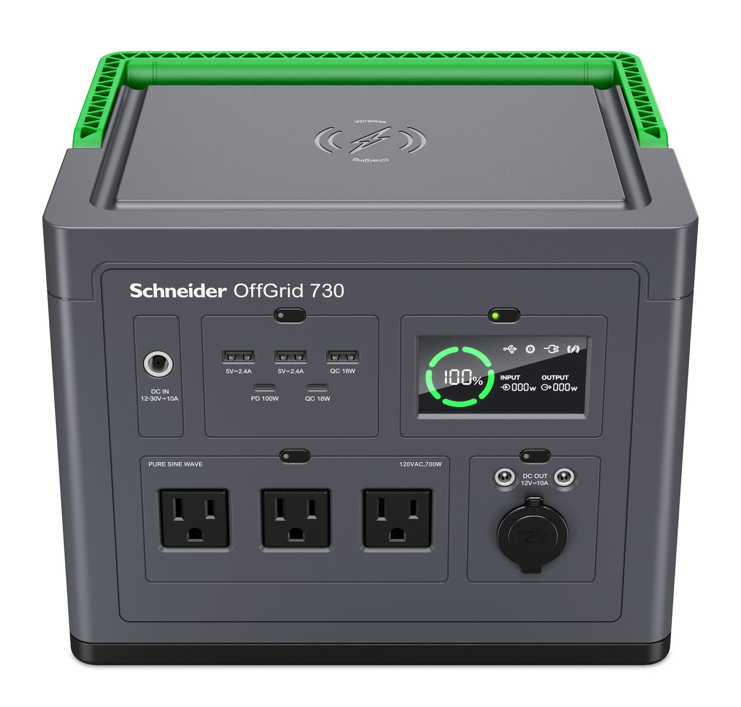Schneider OffGrid Portable Power Station 738W / 728Wh Portable Solar Generator for Camping or Home, PPS730, Wireless phone charger, solar generator options
