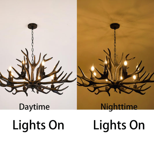 Uboxin Rustic Antler Chandelier Dark Brown 8 Light E12 Vintage Farmhouse Deer Horn Ceiling Light with Adjustable Chain for Living Room Dining Room Cabin Bar Cafe (8 Lights +3 Arms)