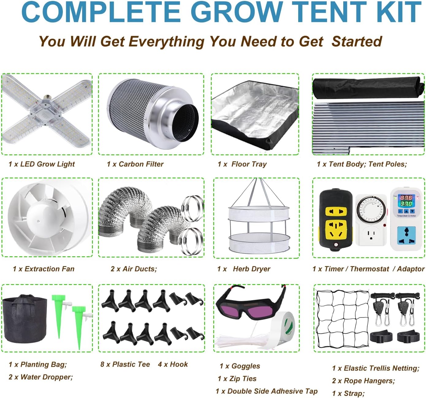 Grow Tent Kit,Complete 4x4ft High Reflective Mylar Indoor Grow Tent Hydroponics Indoor Plant Growing Tent Room Full Spectrum LED Grow Light Ventilaion Fan Growing System+Accesseries (48" x 48" x 83")